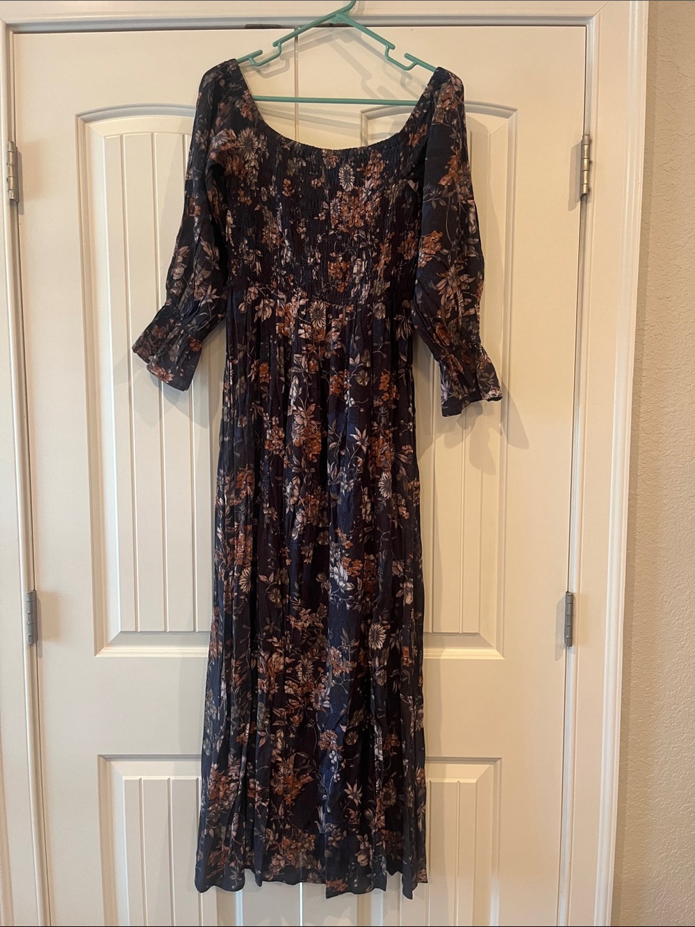 Vici Navy Floral Maxi Dress with Brown Accents and slit in front